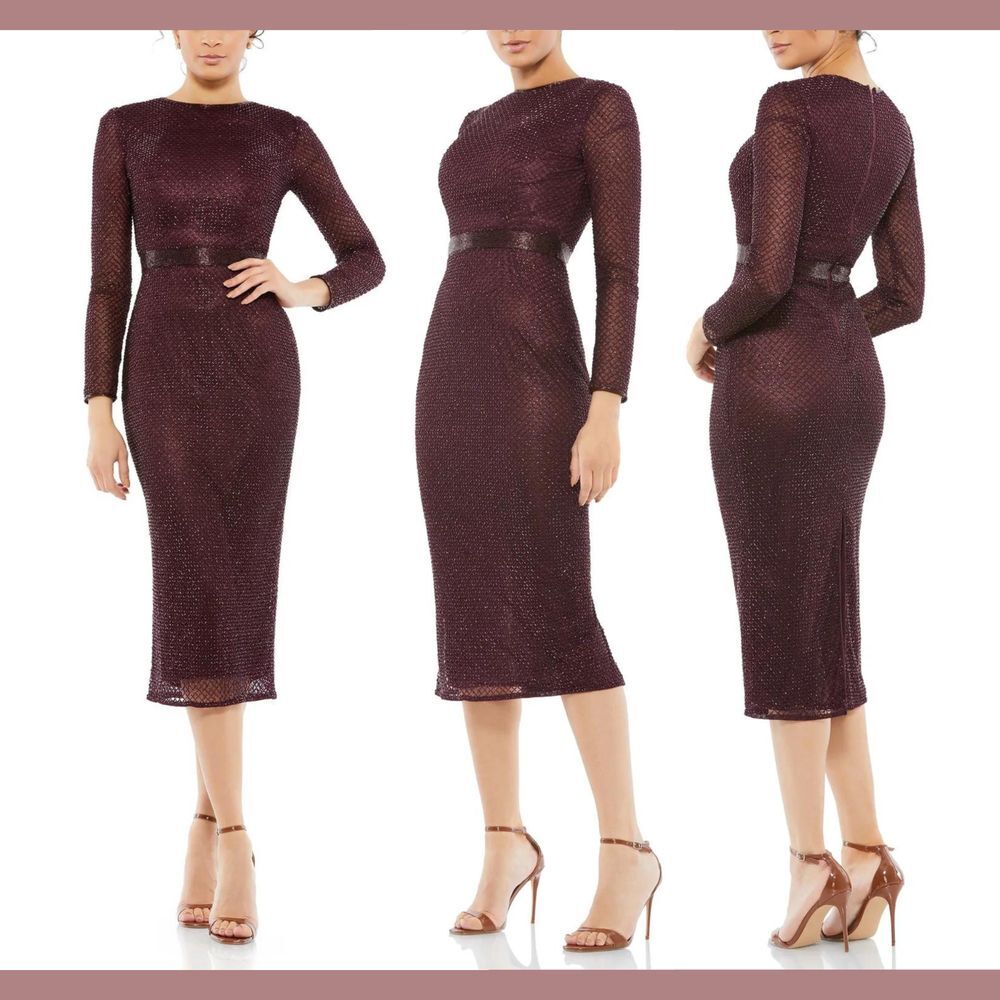 NWT $398 Mac Duggal [ 14 ] Lattice Beaded Long Sleeve Midi Dress Aubergine S1110